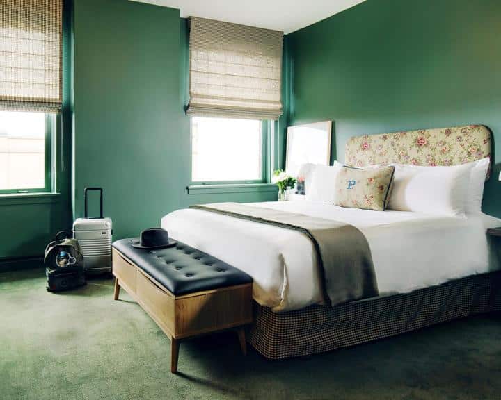 A guest room at the Palihotel, Seattle