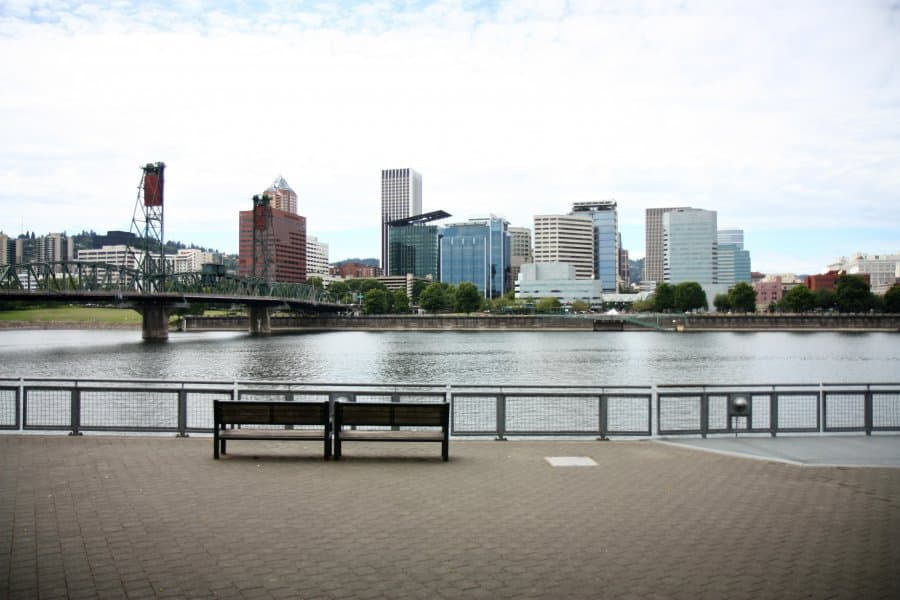 The view of the Willamette River from the Eastbank Esplanade in Portland, Oregon