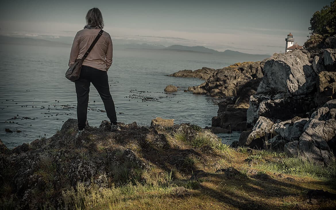 Explorer Sue overlooking the Strait of Juan de Fuco in Washington State