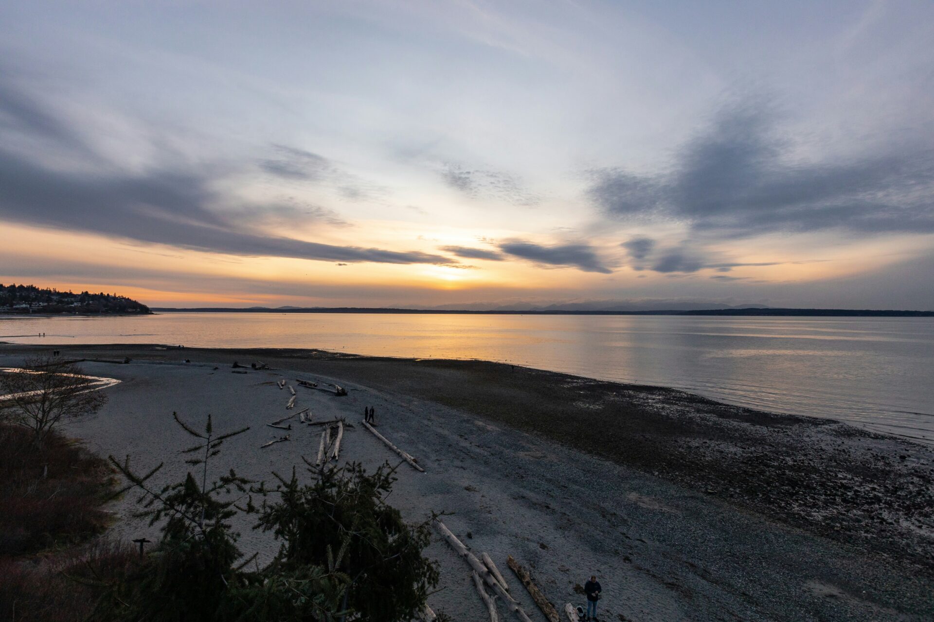 The beach at Carkeek Park in Seattle at sunset.