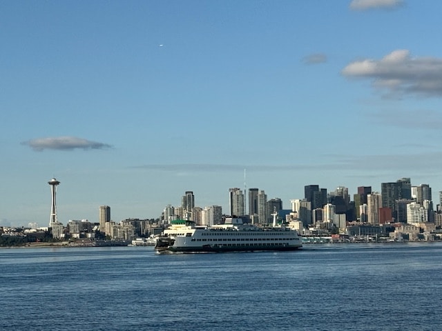 Ship on Elliott Bay against the Seattle Skyline.