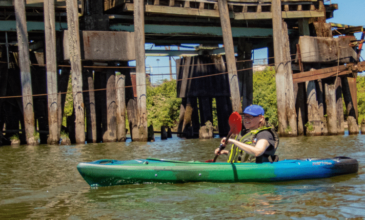 Explorer Sue in a kayak in the Columbia River.