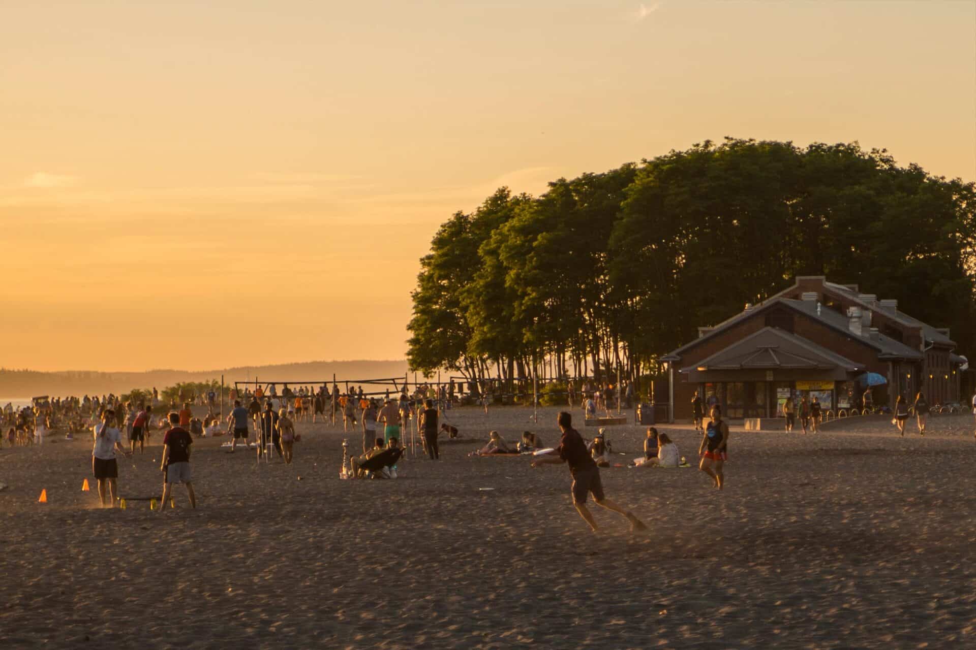 Golden Gardens Park in Seattle at sunset.