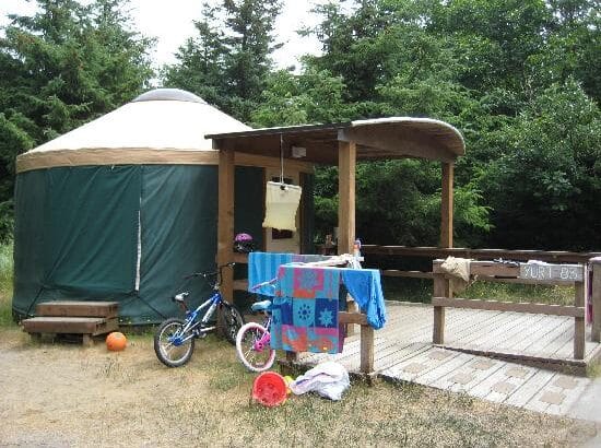 Outside a yurt at Cape Disappointment State Park