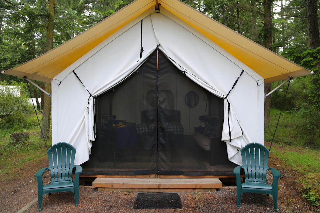 Outside a luxury tent at Lakedale Resort in Washington State.