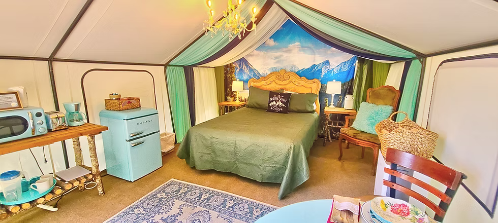 Inside a luxury tent at Mikes Beach Resort, Washington State.