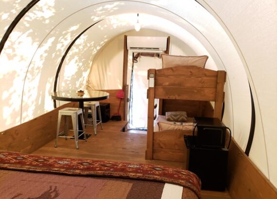 Inside a stagecoach tent at Winthrop KOA in Washington State.