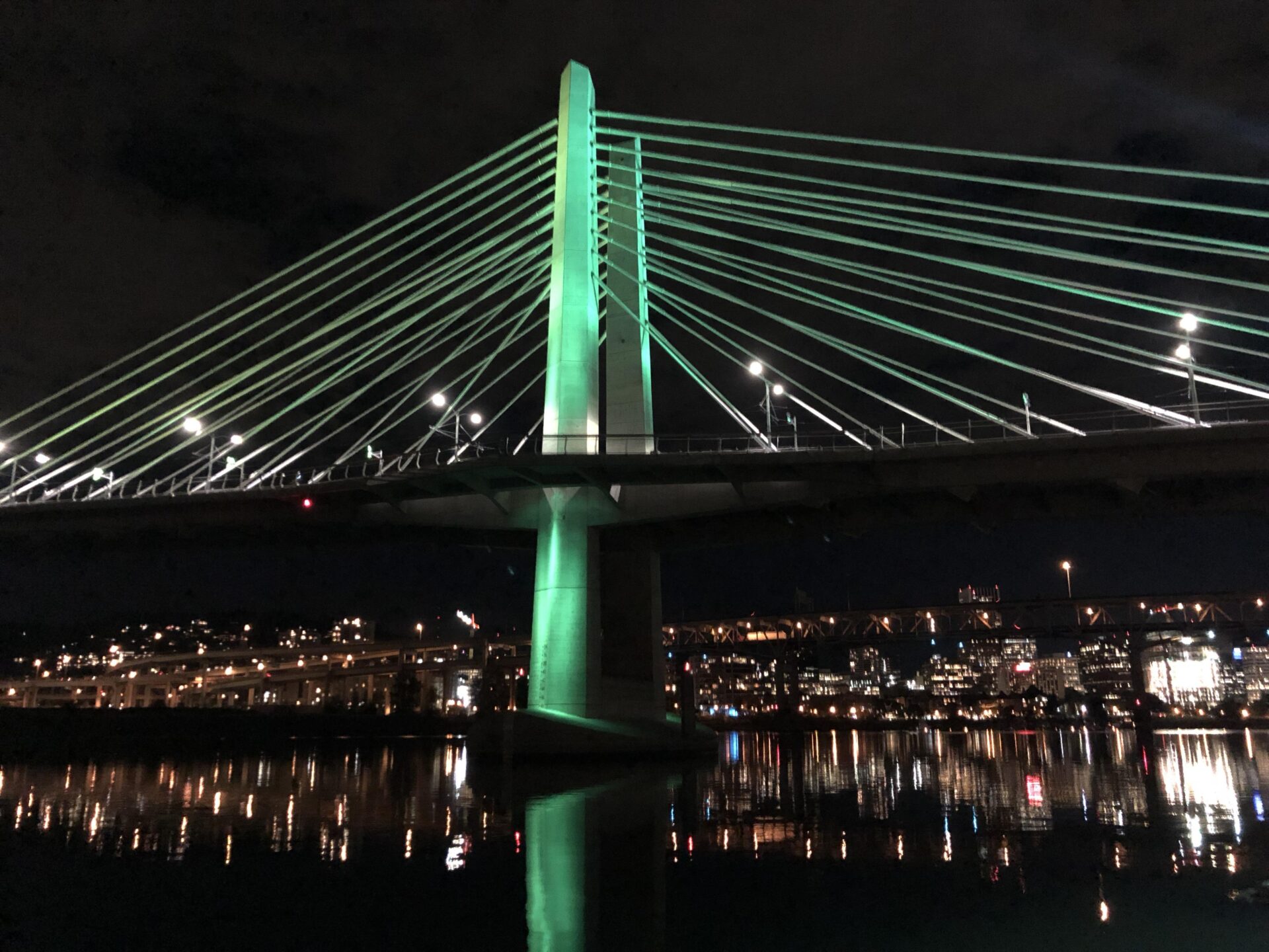 The Tillikum Crossing Bridge in Portland at night.