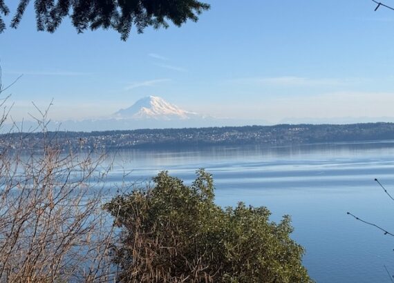 View of Mount Rainer from across Puget Sound from Marine View Park on Vashon Island, Washington.