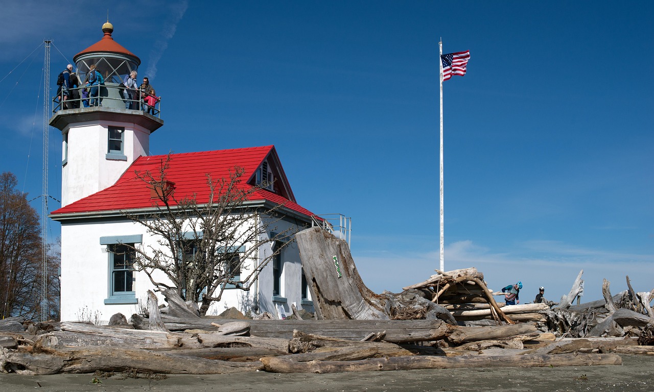 A close up of Vashon Island Lighthouse at Point Robinson Park, Washington.