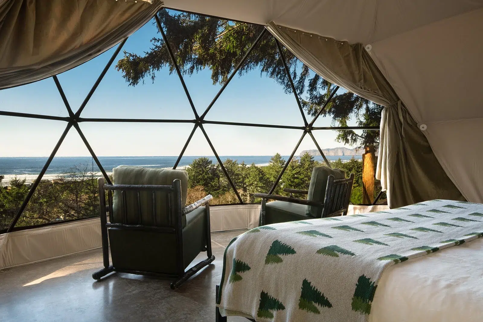 Inside one of the glamping tents at Two Capes Lookout on the Oregon Coast.