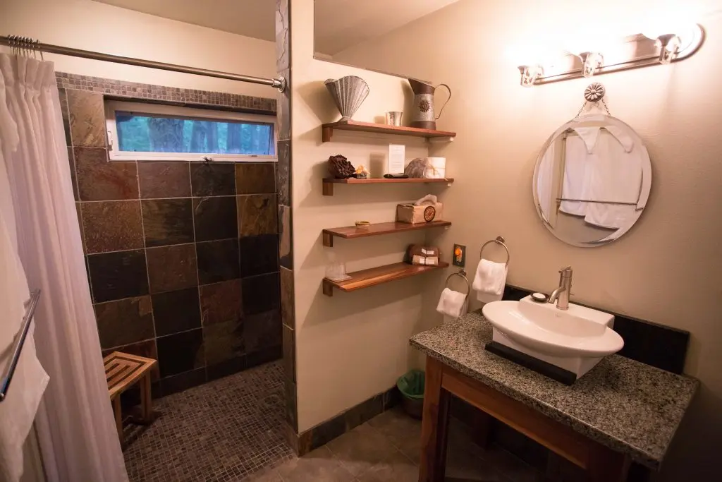 A deluxe bathroom with a walk-in shower and bowl sink at the WildSpring Guest Habitat on the Oregon Coast.